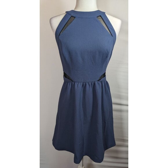 BCBGeneration Blue Open Back Dress With Black Mesh Cutouts - Picture 6 of 9